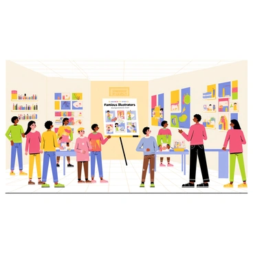 A brightly lit gallery filled with colorful artwork displayed on the walls. Groups of children are gathered around various stations, each equipped with art supplies like markers, colored pencils, and canvases. A large poster featuring "famous illustrators" stands prominently in the center, showcasing vibrant illustrations. Some children are intently listening to an instructor, while others are excitedly creating their own art pieces, drawing inspiration from the showcased works. The atmosphere is lively and creative as the children express themselves through their drawings and paintings.