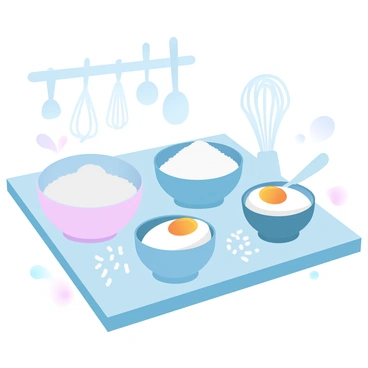 A kitchen counter is filled with several bowls of ingredients. One bowl contains white flour, another bowl holds granulated sugar, and a third bowl has cracked eggs with their contents visible. Beside the bowls, there are measuring cups and a whisk, suggesting activity in the kitchen. A few scattered flour particles are visible on the counter surface, indicating a busy atmosphere. In the background, there are kitchen utensils hanging on a wall.