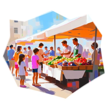A vibrant farmer's market scene bustling with activity under clear blue skies. Customers of various ages are exploring an array of stalls, each adorned with colorful displays of fresh produce. One stall showcases bright red tomatoes, leafy greens, and yellow peppers, while another features baskets overflowing with ripe strawberries and blueberries. A vendor stands behind a stall filled with handmade jams, engaging with a customer who is examining the jars. Children are seen delighting in the sights, some holding small bags filled with fruits. Sunlight casts warm shadows across the scene, enhancing the lively atmosphere.