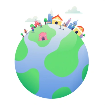 A cartoonish Earth depicted as a flat disc with tiny buildings and people on its surface