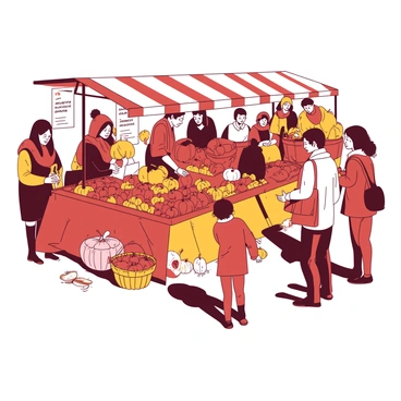 A duotone illustration captures a vibrant farmer's market filled with people. Stalls laden with an array of "pumpkins" in various shapes and sizes are prominently displayed. There are also baskets overflowing with "apples" in rich colors. Shoppers, dressed in warm autumn clothing, are seen examining the produce and making purchases. Some families are gathered around a stall, while others are strolling through the market with bags in hand. The scene is lively and reflects the energy of the autumn harvest season.