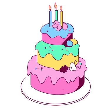 A tall cake with multiple layers, each tier decorated with vibrant icing. The bottom tier is adorned with bright pink icing, while the second tier features a cheerful yellow icing. The third tier has a deep blue icing, and the top tier is finished with a striking teal icing. Each layer is embellished with a variety of decorative elements, including small sprinkles, edible flowers, and colorful candles standing proudly on top. The cake is presented on a round white cake stand, enhancing its visual appeal.