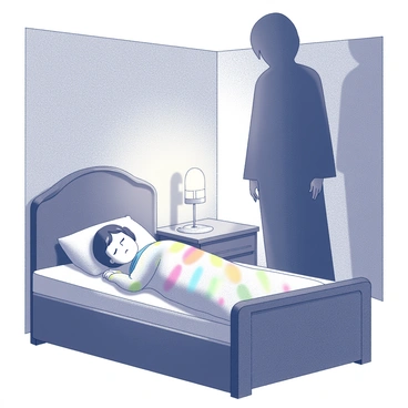 A shadowy figure stands silently in the corner of a dimly lit room. The figure is slightly blurred, suggesting a sense of mystery and watchfulness. In the foreground, a child lies peacefully asleep in a bed, covered with a colorful blanket. The child's face is relaxed, with soft features shown in gentle light. The room is sparsely decorated, with a small nightstand beside the bed featuring a glowing nightlight that casts elongated shadows on the walls. The scene conveys a feeling of safety and guardianship, with the figure remaining vigilant over the sleeping child.