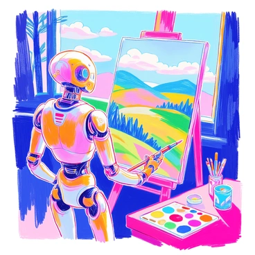 A humanoid robot with metallic limbs is standing in front of a large easel. It is holding a paintbrush in its hand, poised above a canvas. The canvas depicts a vibrant landscape that includes rolling green hills, a clear blue sky, and fluffy white clouds. In the background, there are tall trees with lush, green leaves. The robot has colorful LED lights that illuminate its body, adding a modern touch to the scene. A palette with various paint colors rests on a nearby table, alongside a container filled with brushes.