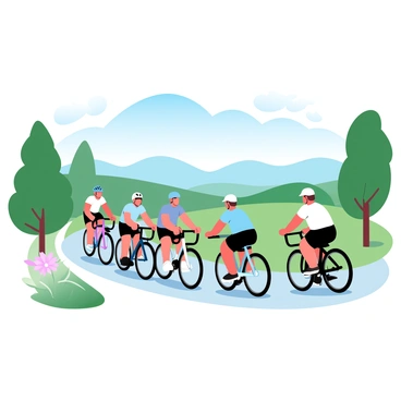 A group of five cyclists is riding along a scenic bike path. The cyclists are dressed in colorful cycling jerseys and helmets. They are positioned in a line, showcasing a mix of mountain bikes and road bikes. Surrounding them are lush green trees and vibrant flowers lining the path. In the background, there are rolling hills that add depth to the scene. A clear blue sky stretches above, dotted with fluffy white clouds.