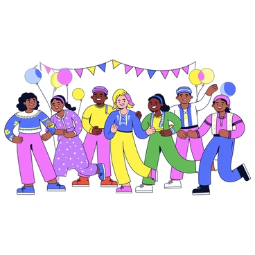 A diverse group of people of different cultural backgrounds is dancing together in a vibrant community festival. Each dancer is wearing traditional attire representing their culture, with colorful patterns and unique designs. The dancers are smiling and showing expressions of joy while moving in sync to lively music. In the background, there are festive decorations such as banners and balloons that enhance the celebratory atmosphere. The scene captures a sense of unity and shared happiness among the participants.