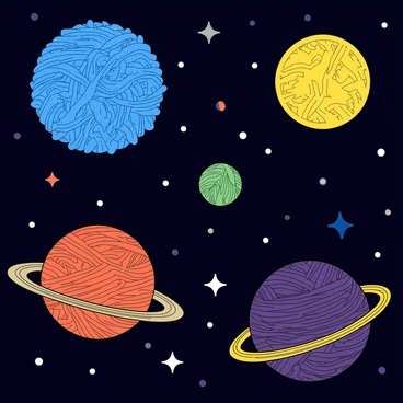 A vast space scene filled with several planets, each uniquely formed from swirling balls of yarn in vibrant colors. One planet appears as a rich blue sphere with soft, fluffy yarn, while another is a bright yellow, resembling a sun with its thick, textured strands. A third planet is a deep purple with spirals of dark and light shades of yarn woven together. Surrounding these planets are twinkling stars scattered across the dark backdrop of space. Some planets have small, colorful yarn rings encircling them, adding to their charm. The overall composition captures the whimsical nature of these yarn planets floating harmoniously in the cosmos.
