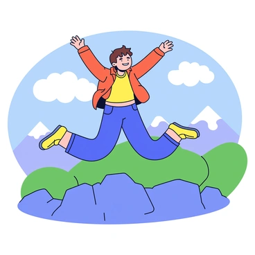 A hiker with short brown hair is jumping joyfully at the summit of a rocky mountain. The hiker is wearing a bright orange jacket and dark blue pants. In the background, the sky is clear with a few fluffy white clouds. Below the summit, there are rolling green hills and distant snow-capped peaks visible in the landscape. The sunlight is casting a warm glow on the scene, highlighting the vibrant colors of nature.