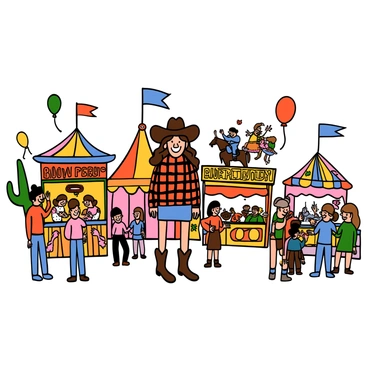A cowgirl with light skin and long wavy brown hair is smiling as she stands in the center of a festive Western fair. She is wearing a classic cowboy hat, a plaid shirt, denim shorts, and cowboy boots. Around her, there are colorful food stalls with banners, serving various treats like cotton candy and hot dogs. Families and friends are playing games at booths, with children laughing and participating. Brightly colored balloons float in the air, and some people are riding on a carousel in the background, adding to the lively atmosphere of the fair.