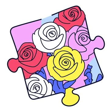 A whimsical jigsaw puzzle design featuring different types of roses in various colors. The roses include red, pink, yellow, and white varieties. The petals display intricate details and textures. The overall composition is vibrant and lively, with the roses arranged in a harmonious pattern that melds together colors and shapes. The background is a subtle gradient, enhancing the vividness of the roses. Each puzzle piece showcases a portion of the roses, inviting exploration and curiosity.
