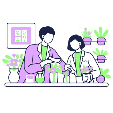 A scientist with short hair is standing at a workbench in a laboratory. She is wearing a lab coat over her clothing and is examining a variety of flowers on the table in front of her. The flowers are in small glass vases, each displaying different colors and shapes. Behind her, shelves are filled with potted plants of various sizes and species, creating a lush environment. On the walls, there are charts and diagrams illustrating plant biology. The scientist holds a magnifying glass in one hand, focusing intently on a bright flower.