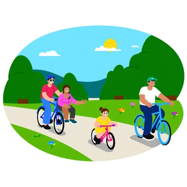 A family of four is riding bicycles together on a scenic trail surrounded by lush green trees. The father is wearing a blue helmet and a red T-shirt, with a smile on his face as he pedals forward. The mother is beside him, wearing a pink top and sunglasses, enjoying the fresh air. Their young daughter, with pigtails and a yellow dress, is riding a pink bike with training wheels, laughing joyfully. The son, wearing a green cap and a white shirt, is racing ahead on his blue bicycle, excitedly looking back at his family. The trail is lined with colorful wildflowers and the sun is shining brightly in the clear blue sky.