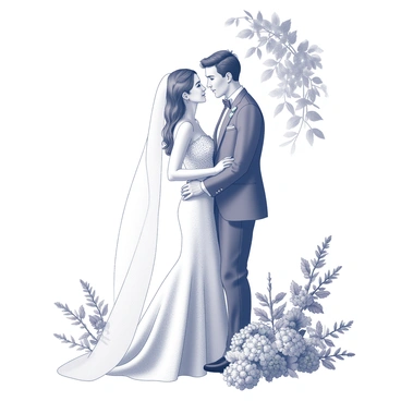 A couple standing together in an intimate pose, showcasing their love for each other. The bride is wearing a flowing gown adorned with intricate lace details, with a long veil cascading down her back. The groom is dressed in a classic suit with a neatly tied bow tie. They are surrounded by a floral arrangement, which includes various types of flowers displayed elegantly at their feet. Sunlight is filtering through the leaves of nearby trees, creating a soft ambiance around them. The couple is gazing into each other's eyes, conveying deep emotion and connection.