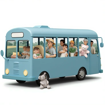 A blue bus, with shiny windows reflecting the sunlight, is parked on a rural road. The bus is filled with diverse passengers, including an elderly man wearing a straw hat and holding a basket of fresh vegetables, a young woman in a floral dress smiling while holding a bunch of flowers, and a child with a large teddy bear sitting on their lap. The backgrounds feature a lush green landscape with trees and fields visible through the bus windows. Passengers are chatting and laughing, creating a lively atmosphere. The scene captures the essence of a community enjoying their return from a cozy farmer's market.