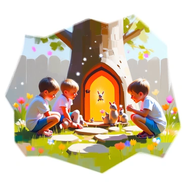 A group of three children, two boys and one girl, are in a vibrant backyard filled with lush green grass and colorful flowers. They are kneeling excitedly next to a small, intricately designed wooden door nestled at the base of a tree trunk. The door is slightly ajar, revealing a soft, glowing light emanating from within. Surrounding the entrance are tiny creatures, such as whimsical fairies with delicate wings, miniature animals like rabbits and squirrels, and glowing fireflies dancing in the air. The children's faces express wonder and curiosity as they peek inside, with their eyes wide and smiles bright. The scene captures the magic and discovery of a hidden world waiting to be explored.