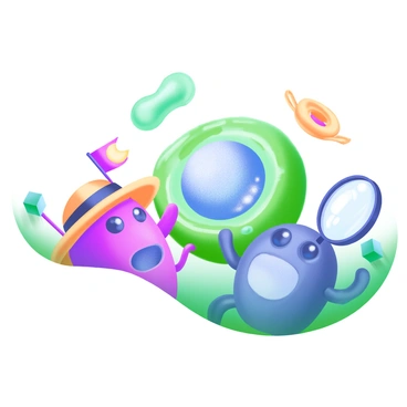 A modern pastel illustration depicting two centrioles, resembling explorers, in a vibrant, microscopic wilderness filled with colorful, oversized cells and organelles. One centriole is wearing a tiny explorer's hat and holds a small flag, while the other carries a magnifying glass, examining a large, dewy droplet that sparkles in the light. Surrounding them are lush, green membranes and various shapes of mitochondria, creating a sense of adventure and discovery in this unique environment.