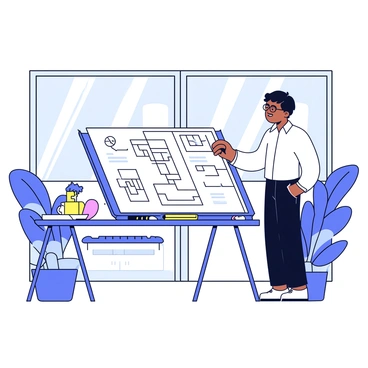 An architect adjusting blueprints on a drafting table in a modern office