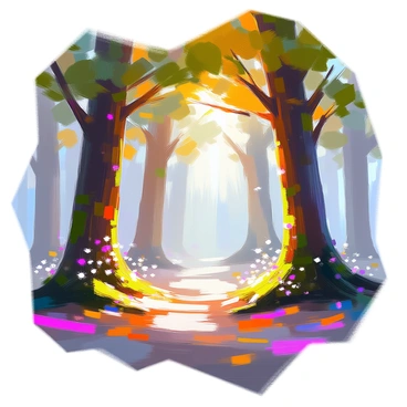 A mystical forest filled with tall trees that have glowing leaves, illuminating the surroundings with a soft, ethereal light. The trunks of the trees are thick and gnarled, covered in patches of vibrant green moss. The ground is blanketed with a soft layer of fallen leaves, creating a colorful carpet beneath. Wisps of fog drift between the trees, adding to the enchanted atmosphere. Small, luminescent flowers bloom at the base of the trees, contributing to the magical glow. Light filters through the canopy, creating patterns of illumination on the forest floor.
