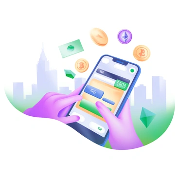 A modern pastel illustration depicting a person holding a smartphone with a digital wallet application open on the screen. The smartphone displays an interface showing a transaction for depositing digital currency. Surrounding the smartphone are various floating icons representing different types of digital coins, such as Bitcoin and Ethereum. In the background, there is a faint outline of a city skyline to suggest a modern setting. The person's hand is gently tapping a button on the screen, signaling the action of making a deposit.