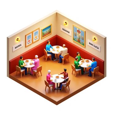 A cozy cafe interior with warm lighting and comfortable seating. Several round tables are arranged throughout the space, each labeled with different language names on small signs. Diverse groups of people are seated at the tables, engaging in conversation while speaking their respective languages. There are hints of various cultures represented in the decor, such as art and literature from different countries, adding to the inviting atmosphere of the cafe. Coffee cups and pastries are visible on the tables, enhancing the coziness of the scene.