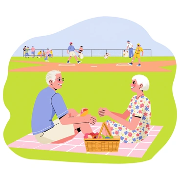 An elderly couple sitting on a checkered blanket in the grass of an outfield. The man has gray hair and glasses, wearing a light blue shirt and beige shorts. The woman has short white hair, wearing a floral summer dress. They are smiling and holding hands, with a picnic basket beside them filled with sandwiches and fruit. In the background, a baseball game is taking place, with players wearing colorful uniforms and a clear blue sky overhead. A few spectators can be seen in the distance enjoying the game.