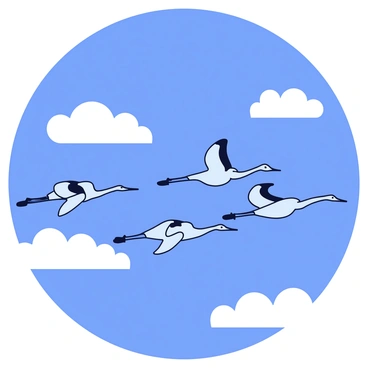 A flock of cranes gracefully flying in formation against a bright blue sky. The cranes have long necks and slender bodies, with their wings outstretched. Fluffy white clouds are scattered throughout the sky, adding a soft contrast to the vibrant blue background. The overall scene captures the elegance and freedom of the cranes in flight.