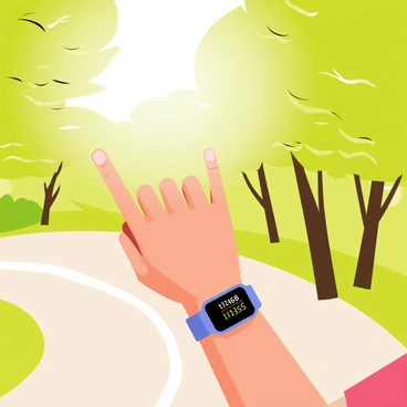 A close-up of a hand holding a fitness tracker, displaying various statistics on its screen. The background is filled with vibrant green trees and a winding path, suggesting a scenic jogging route. The runner's wrist is adorned with a sporty watch band, and the sunlight filters through the leaves, casting dappled light on the hand and tracker.