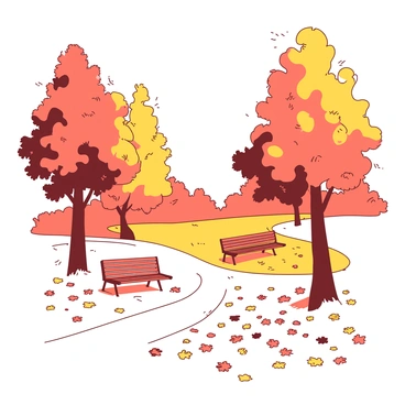 A park is filled with a carpet of vibrant orange and yellow autumn leaves spread across the ground. Tall trees with a mix of orange and yellow foliage stand proudly on either side of a winding path. A gentle breeze is causing the leaves to flutter softly as they rustle through the branches above. In the background, there are a few benches made of dark wood, inviting visitors to sit and enjoy the serene atmosphere of the park. The sky is clear and bright, providing a perfect backdrop to this autumn scene.