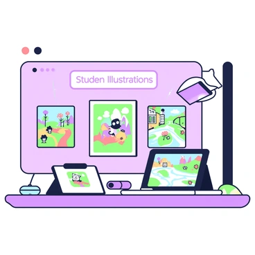 A virtual art exhibition is displayed on a screen, showcasing students' works from an illustration program. Various illustrations are presented in frames on the walls of a virtual gallery. Each artwork is brightly colored and distinct, capturing the unique styles of the students. In the foreground, a tablet is visible, displaying an illustration of a whimsical creature among vibrant landscapes. To the side, a laptop is open, showing a digital painting of an urban street scene filled with characters. In the background, a projector casts an image of a flowing river with colorful flowers, drawing attention to the diverse themes explored in the exhibition. A banner above the gallery reads “Student Illustrations” in clear letters.