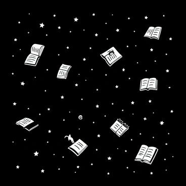 A vast galaxy composed of countless sparkling stars scattered across the black sky. Floating amidst the stars are numerous open books, their pages fluttering as if caught in a gentle breeze. The books vary in size, some large and others small, with intricate details on their covers visible against the backdrop of the galaxy. The overall scene evokes a sense of wonder and imagination, as if each book holds a universe of stories among the twinkling stars.