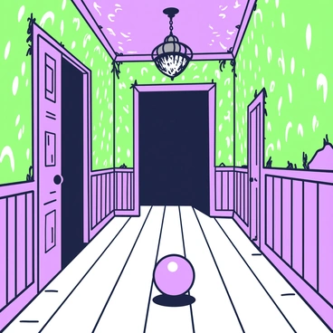 A bouncy ball is rolling on an old wooden floor in the hallway of a haunted house. The walls are lined with faded wallpaper, with peeling edges revealing the underlying wood. Shadows stretch along the floor, creating an unsettling atmosphere. The ball is glowing faintly, casting a soft light as it moves. Cobwebs hang in the corners, and a dusty chandelier looms overhead, adding to the eerie setting. A door slightly ajar is visible at the end of the hallway, leading to a darker room beyond.