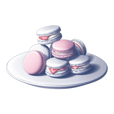 A plate elegantly displaying several macarons. Each macaron is round, with a smooth, slightly glossy surface, showcasing a delicate texture. The macarons are filled with a creamy strawberry-flavored filling that peeks out slightly from the edges. The arrangement is neat, with some macarons stacked slightly higher than others, creating an appealing visual variety. The plate is simple and round, emphasizing the beauty of the macarons.