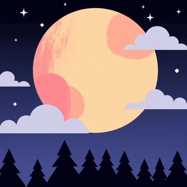 A moon shaped like a peach glowing in the night sky. The peach moon has a soft orange and pink hue, with a textured surface resembling peach skin. Surrounding the moon, there are fluffy white clouds softly illuminated by the moon's glow. Stars twinkle in the dark blue expanse of the sky, adding to the dreamy atmosphere. Below, silhouettes of tall trees stretch upward, creating an enchanting scene under the peach moon.