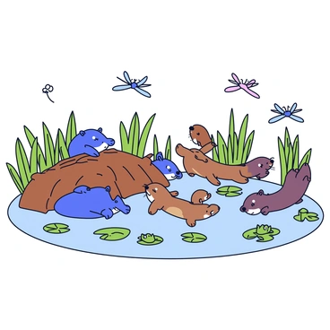 A group of small animals is playing in a marsh. There are playful otters sliding down a muddy bank, splashing into the water. Nearby, beavers are building a small dam with twigs and branches. The marsh is filled with tall grasses and lily pads floating on the water. A couple of frogs are leaping between the plants, while dragonflies hover above. The scene is lively with the animals interacting in their natural habitat.
