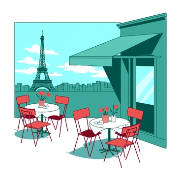 A teal intimate cafe setting features small round tables surrounded by red bistro chairs. Each table is adorned with a small white tablecloth and a single red flower vase. In the background, the Eiffel Tower rises majestically against the clear blue sky. The cafe's awning is open, providing a cozy atmosphere. Soft light shines down, illuminating the scene and casting gentle shadows on the ground.