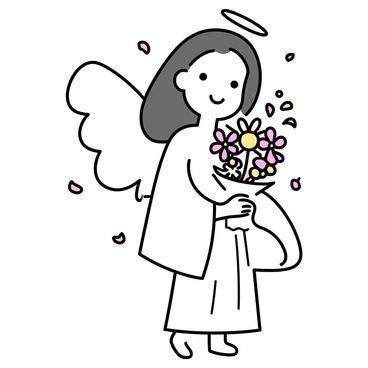 An angel with delicate wings, wearing a flowing white robe, is holding a colorful bouquet of flowers. The bouquet includes roses, daisies, and lilies, all in vibrant hues. Petals in shades of pink, yellow, and white are gently falling around the angel, creating a soft cascade around her. The angel's serene face is adorned with a gentle smile, and her long hair flows gracefully down her back.