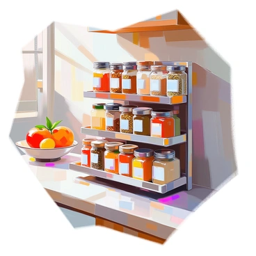 An organized spice rack stands against a wall in a sunlit kitchen, showcasing an array of jars filled with various spices and herbs. Each jar is neatly labeled with clear, legible text. The jars are arranged by color and type, creating a visually appealing display. Sunlight pours in through a nearby window, casting soft light on the spices, highlighting the rich hues of the ingredients inside. The background features wooden shelves and other kitchen elements, adding to the warmth of the scene.