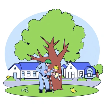 An arborist wearing a green safety helmet is carefully trimming branches of a large oak tree in a suburban yard. The tree has a thick trunk and a dense canopy of green leaves. The arborist is using a saw and is positioned on a sturdy ladder. Below the tree, there is freshly cut foliage scattered on the grass. In the background, there are a few modest houses with well-kept lawns and a clear blue sky overhead.