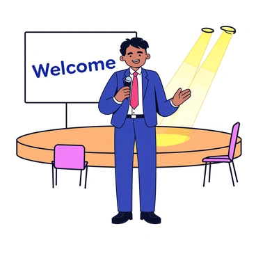 A person standing confidently on a stage. The person is wearing a tailored suit in dark blue, with a crisp white shirt and a bright red tie. Their posture is straight, with one hand holding a microphone and the other hand gesturing expressively. The stage has a simple wooden design and is illuminated by warm spotlighting. In the background, there is a large screen displaying "Welcome" in bold letters. There are a few chairs arranged in front of the stage for the audience.