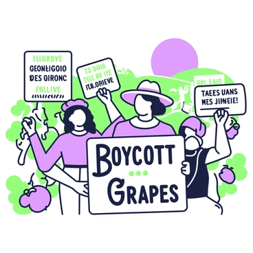 A vintage-style poster depicts a gathering of farmworkers standing in solidarity during the grape boycott. In the foreground, a man with a wide-brimmed hat holds a sign that reads "Boycott Grapes" in bold letters. Beside him, a woman with long hair raises her fist, symbolizing strength and unity. Behind them, a diverse group of individuals is holding various signs with messages promoting justice and fair labor practices. The background features stylized grapevines and a sun setting over rolling hills, creating a sense of movement and determination.