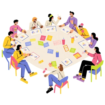 A bright room filled with people sitting around tables, actively engaged in a crafting session. Some individuals are using markers to draw colorful designs on blank cards, while others are cutting shapes from patterned paper to create decorations. There are scissors, glue sticks, and piles of glitter scattered across the tables. A few finished cards showcasing vibrant illustrations are displayed proudly for everyone to see. The atmosphere is lively, with people sharing ideas and laughing together.