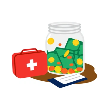 A clear glass jar labeled "Emergency Fund" filled with various denominations of colorful bills and shiny coins. The jar is positioned atop a wooden table, allowing for a clear view of its contents. Beside the jar, there is a bright red first aid kit, prominently featuring a white cross symbol on its front. The first aid kit is slightly open, revealing a glimpse of its organized contents, such as band-aids and antiseptic wipes. The scene is well-lit, highlighting the textures of the jar, the money, and the first aid kit.
