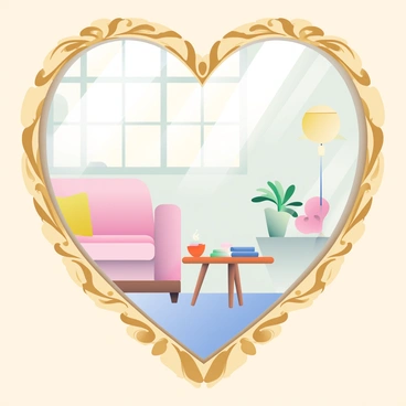 A large, decorative heart-shaped mirror is hanging on a beige wall. The mirror's frame is ornate, featuring intricate gold detailing. Inside the reflective surface of the mirror, a cozy room is visible. The room has a comfortable sofa in soft pastel colors, adorned with plush pillows. A small wooden coffee table is placed in front of the sofa, with a steaming cup of tea and a few open books neatly arranged on it. A soft, warm light is emanating from a nearby lamp, casting a gentle glow throughout the room. A small potted plant sits on a windowsill, adding a touch of greenery to the scene.