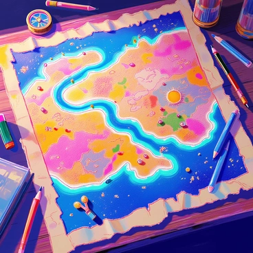 A weathered map is spread across a wooden table, showing intricate details of an ancient land. The map has torn edges and a faded appearance, with various geographic features illustrated. Glowing paths are marked in bright blue and green, weaving through the terrain. There are luminous markers indicating points of interest, each with a unique symbol. The table has a rustic texture, and scattered around it are small tools, like a compass and a magnifying glass. A soft light illuminates the scene, highlighting the map’s aged surface.