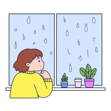 A young girl with brown hair is staring out of a large window. The glass is covered in raindrops, creating a blurred view of the outside. She is wearing a cozy yellow sweater, and her expression is thoughtful. The interior of the room is softly lit, giving a warm contrast to the gray rain outside. A few potted plants are placed on the window sill, adding a touch of greenery to the scene.