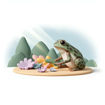 A toad, with a mottled green and brown skin, is positioned on a smooth patch of earth. It is holding a small leaf in its front feet, while several colorful flowers and leaves are scattered around it. The toad is intently focused on arranging the leaves and flowers into a creative design. Sunlight filters through nearby trees, casting dappled light on the scene, highlighting the vibrant colors of the flowers, which include shades of pink, yellow, and purple. The background features a lush green landscape, further enhancing the nature-inspired atmosphere.