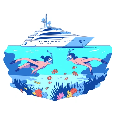 A pair of snorkelers wearing bright blue snorkels and fins are floating on the surface of clear, shallow water. Below them, a variety of colorful fish, including orange clownfish and yellow tangs, swim gracefully among vibrant coral reefs. In the background, a large white yacht is anchored, its shadow cast over the sandy ocean floor. The sunlight filters through the water, creating shimmering patterns on the sea bed. The scene captures the underwater beauty of marine life as the snorkelers observe the fish with excitement.