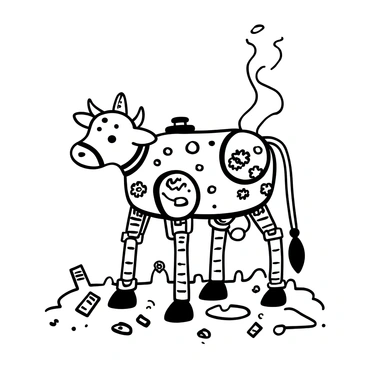 A mechanical cow designed in a steampunk style, featuring visible gears and cogs integrated into its body. The cow has a shiny metallic surface, with steam pipes protruding from its sides. Its legs consist of articulated joints resembling clockwork mechanisms. The cow stands on a textured surface, surrounded by scattered tools and metal parts, emphasizing its mechanical nature. Various small steam vents are positioned along its back, releasing wisps of steam into the air.