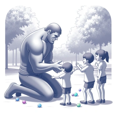 A titan with a large, muscular build is kneeling down on one knee, facing a group of children gathered around. The titan has a gentle expression on his face, conveying friendliness and warmth. The children, varying in age and appearance, are laughing and reaching up towards the titan, eager to interact. The scene is set in a park filled with trees and grassy areas, with sunshine filtering through the leaves, creating dappled shadows on the ground. The children are playing with colorful toys scattered around them, enhancing the playful atmosphere of the moment.