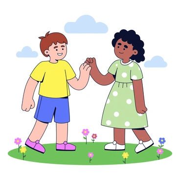 Two children are standing facing each other with smiles on their faces. Each child has one hand extended, their pinky fingers intertwined tightly. The first child has short brown hair and is wearing a bright yellow t-shirt with blue shorts. The second child has curly black hair and is dressed in a light green dress with white polka dots. They are both standing on a grassy field, surrounded by small colorful flowers. A clear blue sky is visible in the background.